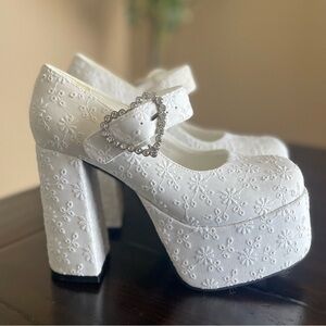Sugar Thrillz Embroidered Crystal Heart Mary Jane Platform Heels